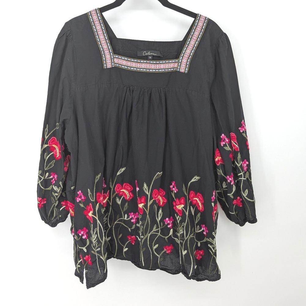 Calessa Blouse Women 1X Black Embroidered Floral Boho Square Neck Cotton Top